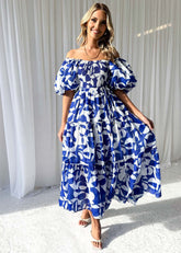 Elegant Floral Print off Shoulder Puff Sleeve